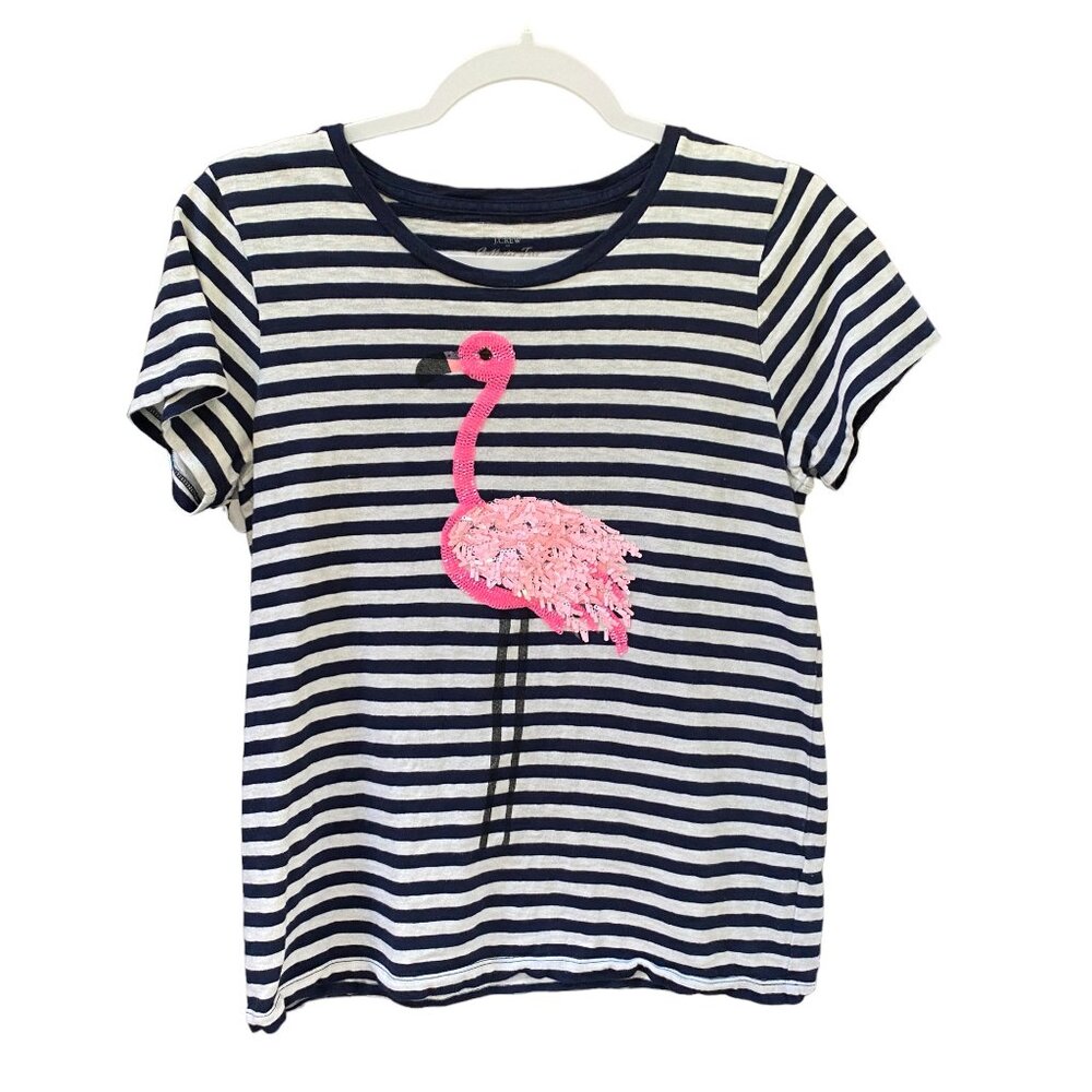 J Crew Factory Sequin Flamingo Tee Collector Striped Nautical Vacation Beach-M - Picture 11 of 11